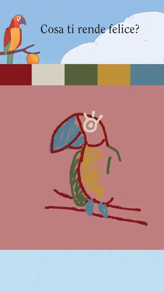 Schermata ufficiale di Bird Alone: un pappagallo su un ramo chiede in italiano Cosa ti rende felice, sopra un disegno fatto dal giocatore.
