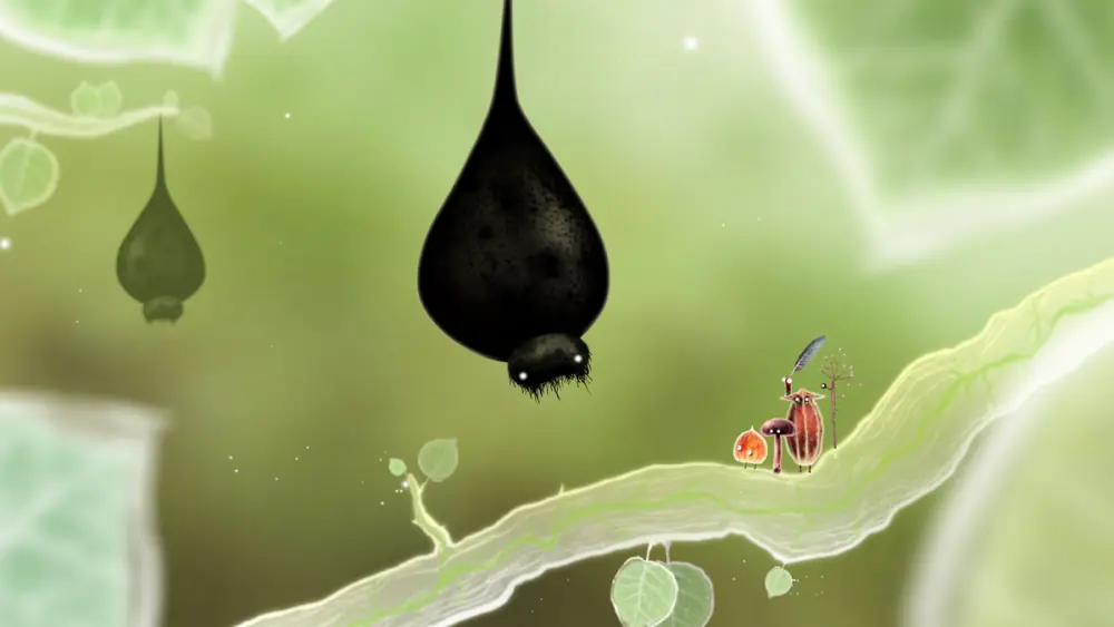 Schermata ufficiale di Botanicula: due creaturine su un ramo luminoso guardano un parassita nero a forma di goccia sospeso fra le foglie.
