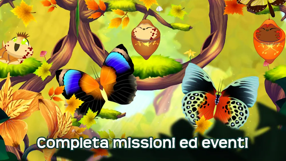 Schermata ufficiale di Flutter: farfalle colorate fra rami e foglie autunnali, con la scritta italiana Completa missioni ed eventi.
