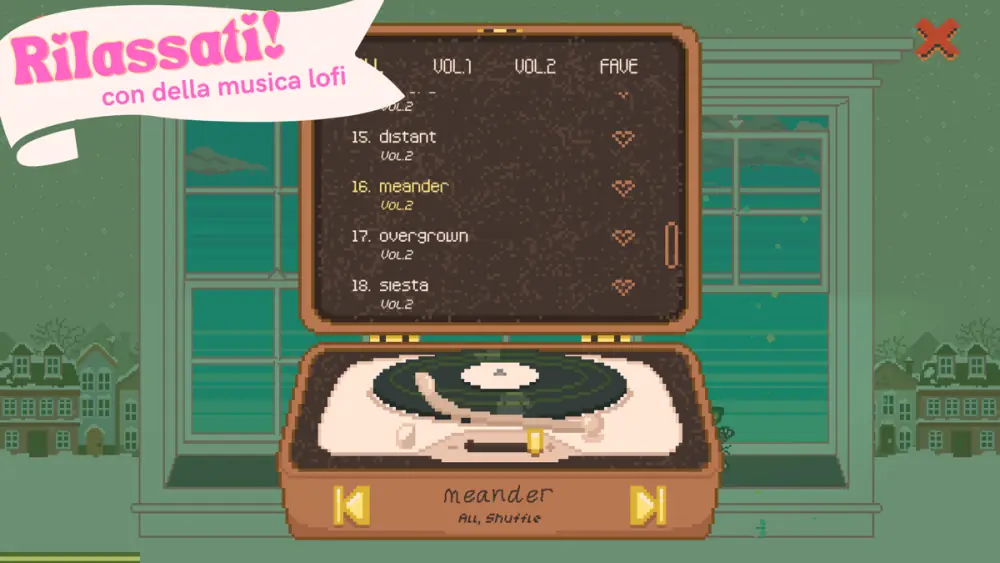 Schermata ufficiale di Window Garden: un giradischi a pixel su un davanzale riproduce un brano lofi, con la città disegnata fuori dalla finestra.