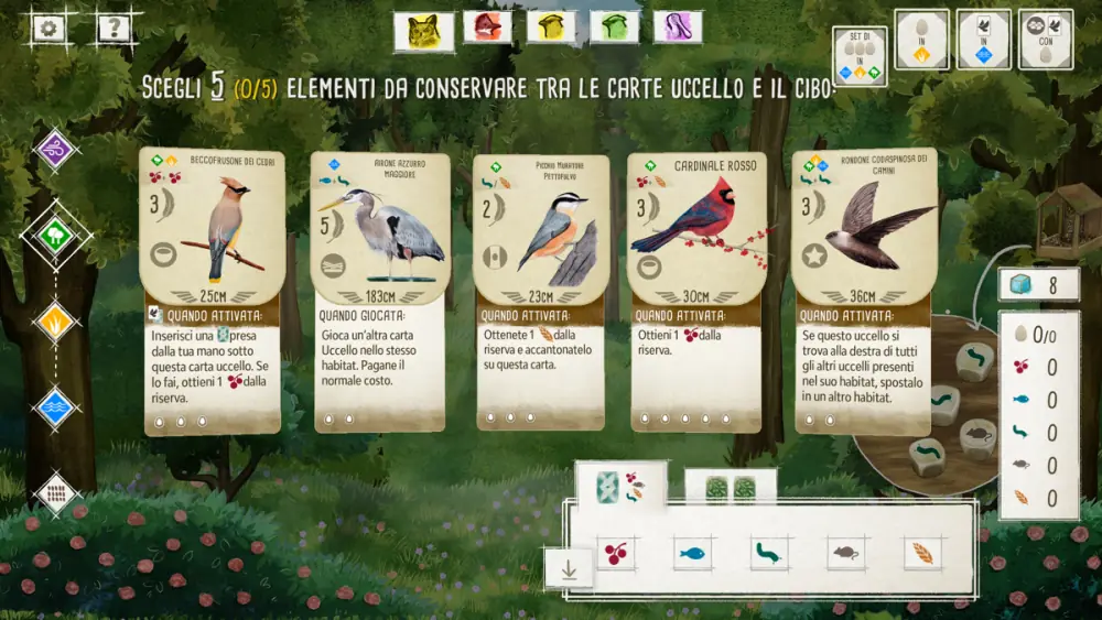 Schermata ufficiale di Wingspan: cinque carte uccello in italiano, fra cui Cardinale rosso e Airone azzurro maggiore, con le rispettive apertura alare e abilità.